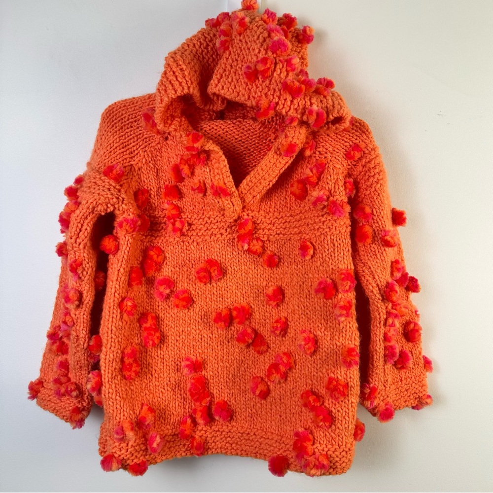 Handknit Kids Sweater Hoodie Pom Poms V-neck Orange Bright Unique Soft Medium